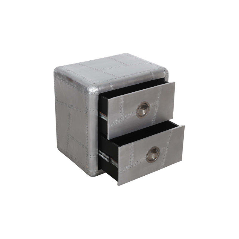 Table de chevet 2 tiroirs Pilot avec revêtement en aluminium argenté et vis apparentes