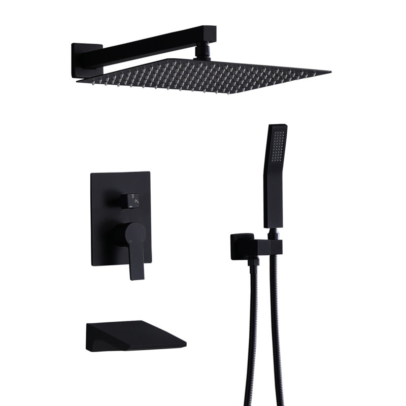 Système de douche noir avec bec de baignoire, ensemble de robinet de baignoire tout en métal avec pomme de douche à pluie de 12 po et douchette combinée, systèmes de douche de baignoire mural avec valve et garniture, noir mat