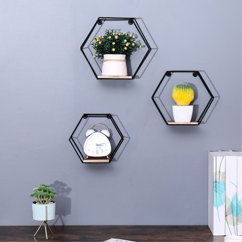 Of 3 Black Hexagonal Floating Wall Shelves, Rustic Decor For Kitchen And Office, Easy Installation, Solid Wood Metal Construction Mounted Modern Storage Solution Bedroom Living Room, Simple Partition