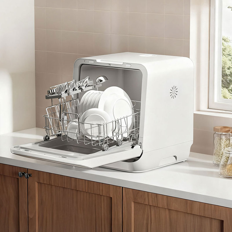 White Countertop Dishwasher with A Visible Door