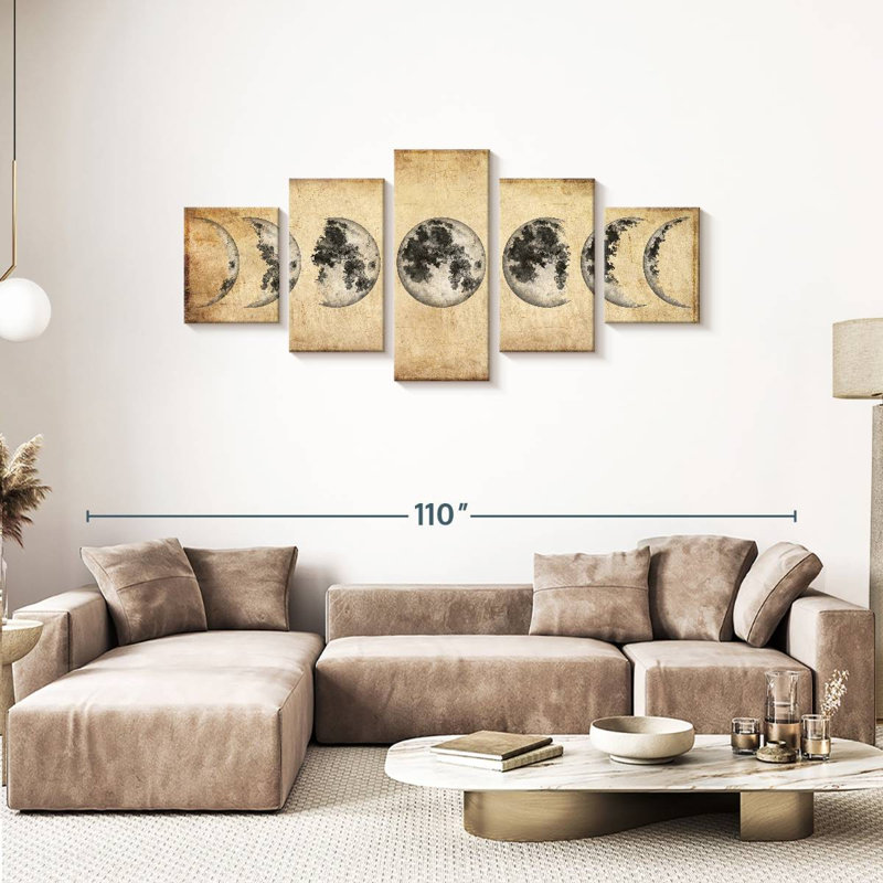" Grunge Moon Phases Multi Piece Canvas Print " 5 - Pieces, 36" H x 80" W x 1.25" D