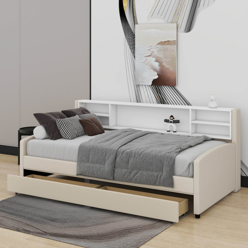 Lit plateforme simple tapissier avec tiroirs, Beige