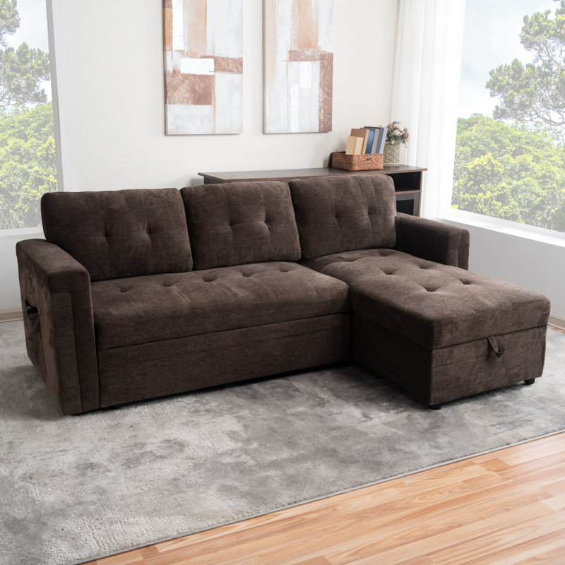 Kerica 2 - Piece Microfiber L-Shaped Sleeper Sofa Bed with USB – Reversible Pull Out Couch with Storage Chaise