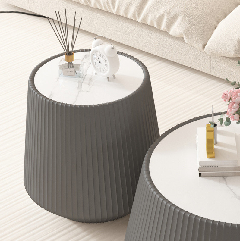 Light Sintered stone Top Cup Shape Leather Coffee modern Sofa Table for Living Room furniture ( Each tabletop has a unique grey pattren)