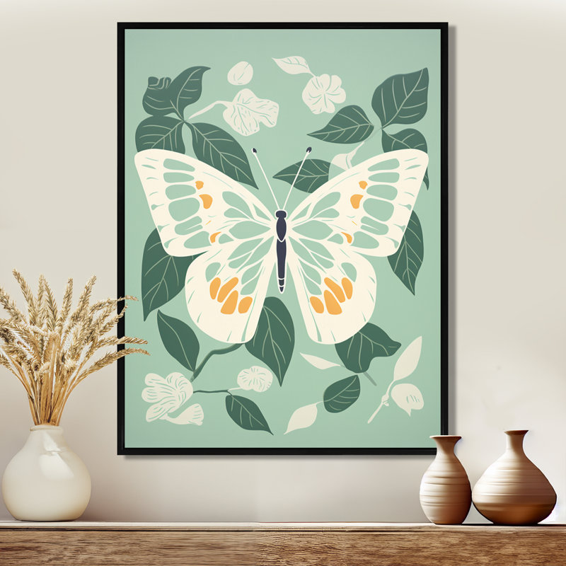 Papillon, ailes blanches sur fond vert - reproduction d'art mural papillon, Toile avec cadre noir, H 20 po x l 12 po x P 1 po