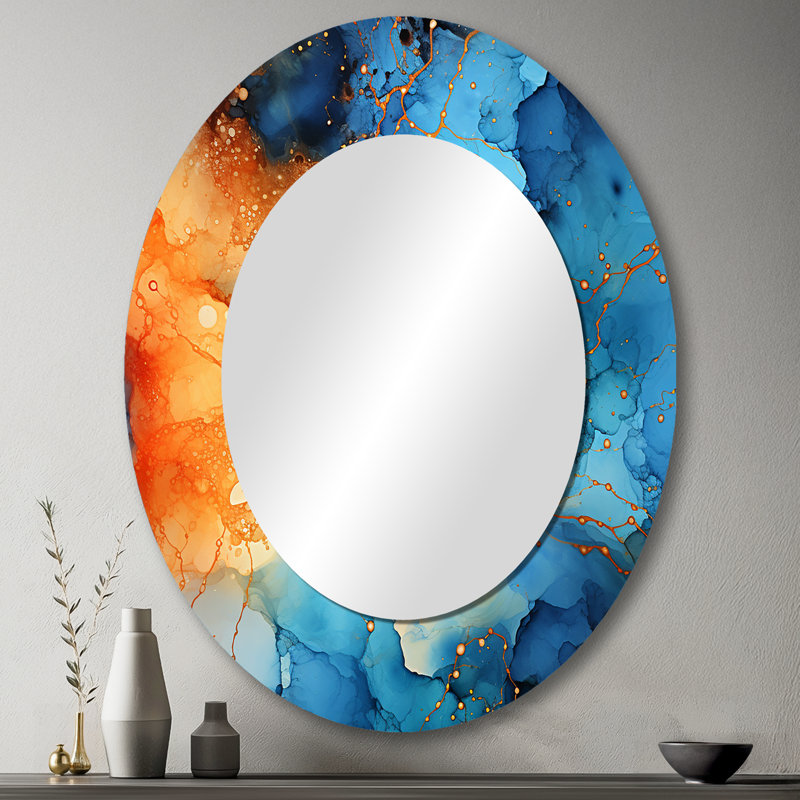 Love Spirit Turquoise And Orange Marble Art I - Large Oval Wall Mirror On Metal, 43" x 33"