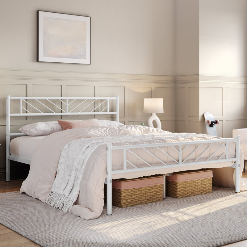 Armanni Platform Bed Frame with Design Headboard, Full, White
