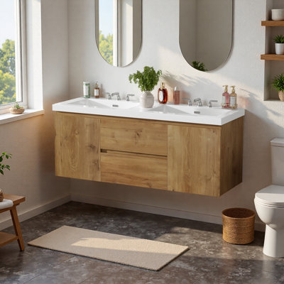 Meuble-lavabo double 59,3 po avec comptoir en bois massif, portes et tiroirs à fermeture en douceur, armoire de salle de bain autoportante avec finition grain de bois, trous de robinet pré-percés, blanc