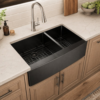 36'' L x 21'' W Farmhouse Nano Titanium-Plated Stainless Steel Kitchen Sink, Gunmetal Black 60/40 Double Bowl Kitchen Sink with Sink Grid, Strainer and Roll-up Rack