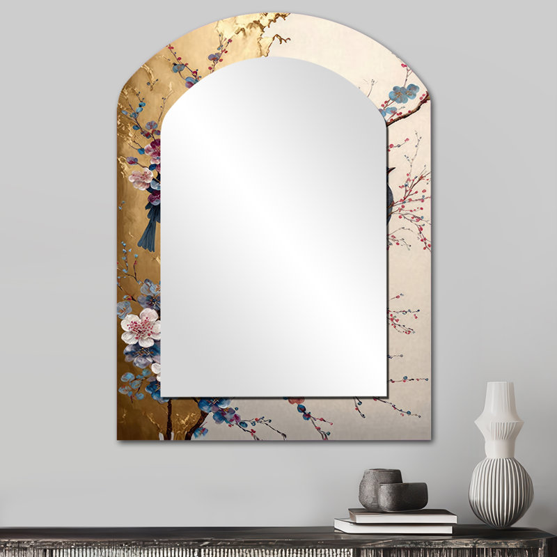 Multicolore oiseaux sur prunier II - grand miroir mural arqué sur métal, 34 po x 25 po