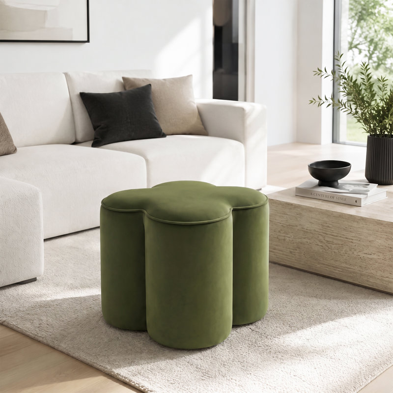 Pouf d'appoint moderne Leiani en velours, forme trèfle, 47 cm de large, pour salon, chambre et coiffeuse, Velours vert