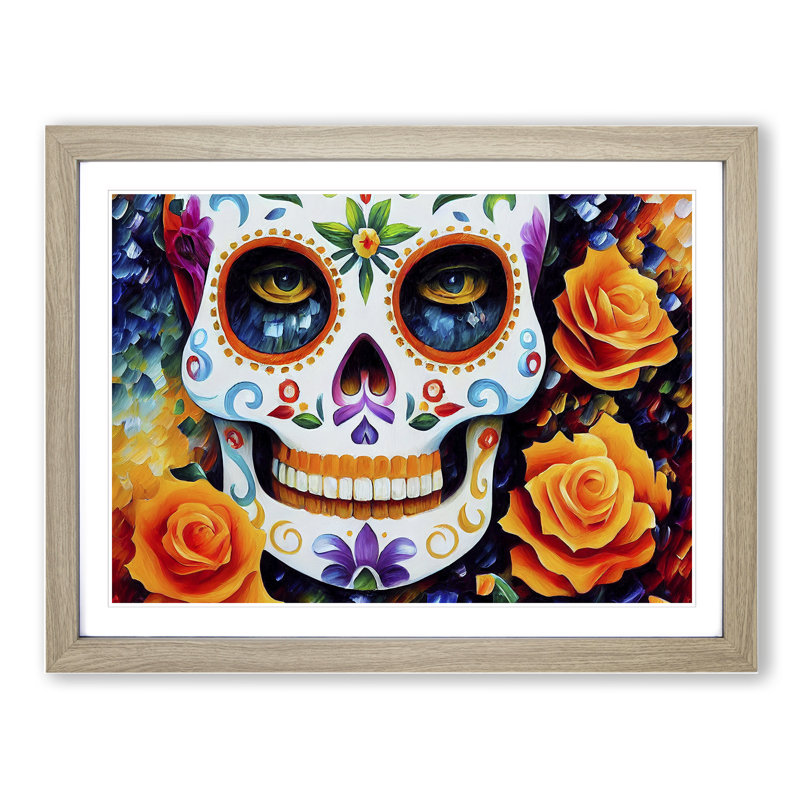 XH1022-2587X Decorated Floral Sugar Skull - Single Picture Frame Print, Oak, 25cm H x 34cm W x 2cm D