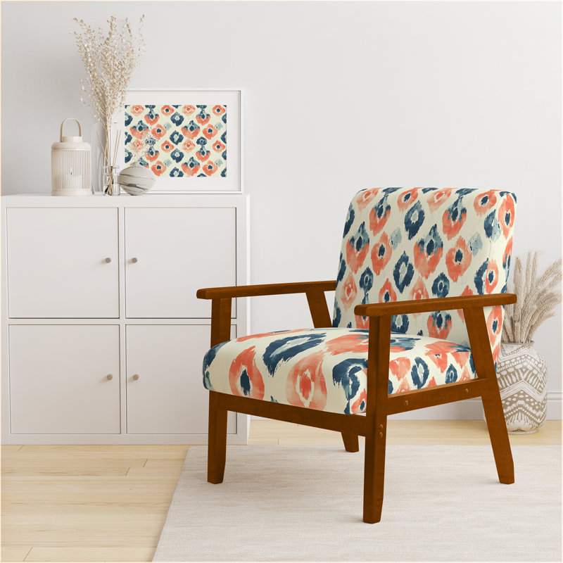 Chaise rembourrée Boho - Fauteuil rouge Ikat Meadow, Accoudoirs carrés bruns