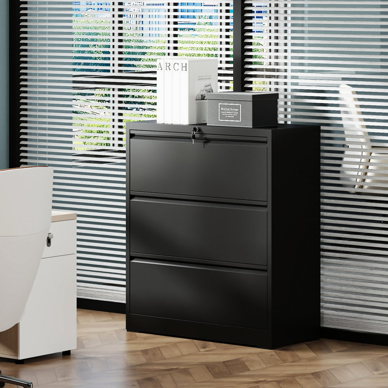 Classeur à 3 tiroirs avec serrure pour bureau à domicile - Fabrication en métal, glissières silencieuses à pleine extension, 110 lb par tiroir, tiroir latéral verrouillable noir mat