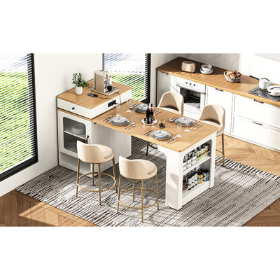 Îlot de cuisine avec dimension 59,5 po, salle à manger extensible de 10,2 à 41,8 po, rangement double face et tablettes latérales de rangement à 2 niveaux de taille, extension, deux panneaux de table amovibles, charge intégrée
