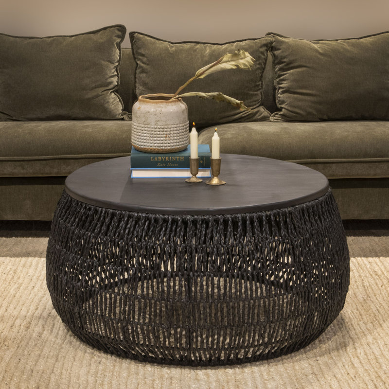 Serena Hand-Woven Seagrass and Pine Wood Round Coffee Table, Black, Black/Black