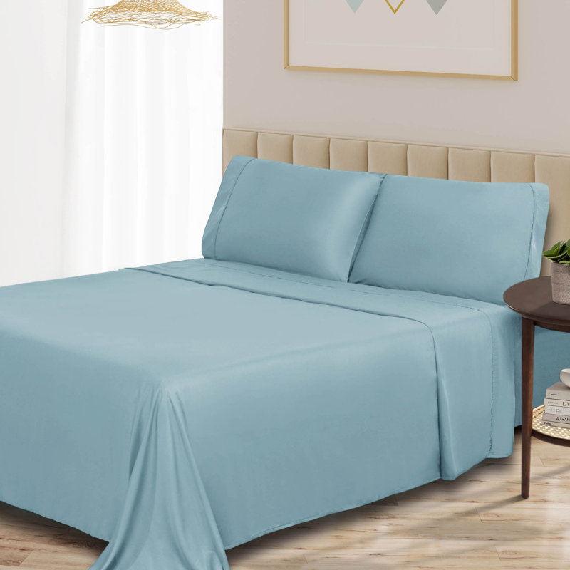 Blue Nile Mills 300 Thread Count Rayon From Bamboo Deep Pocket Bed Sheet Set, Light Blue, Queen Sheet Set with 2 Pillowcases