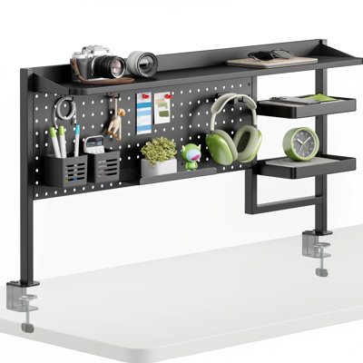 Étagère de bureau à pince, système de tablette de bureau de 44 po avec panneau perforé et accessoires, organisateur de bureau avec tablette à 2 niveaux, panneau perforé de bureau pour jouer à la maison, noir
