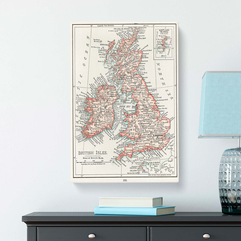 Vintage Map Of The British Isles - Single Picture Frame Print, 76cm H x 50cm W x 3cm D, Wrapped Canvas