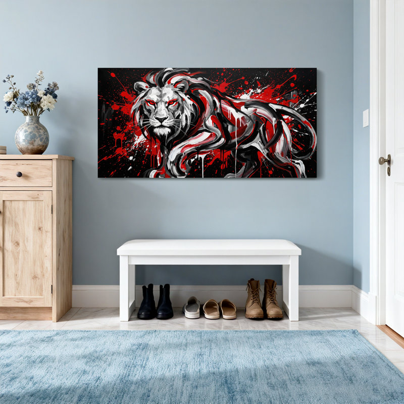 Animaux, lion aux yeux rouges et fond noir, H 24 po x l 48 po