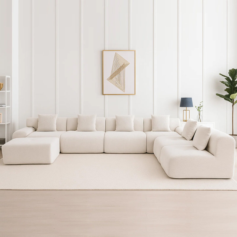 Canapé modulaire extra large et moelleux en U Fine-Wale en velours côtelé de 157 po avec repose-pieds, Velours côtelé blanc