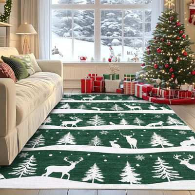 Christmas Non-Slip Area Rug for Living Room – Low Pile Washable Mat with Xmas Tree, Reindeer & Snowflake – Soft Holiday Home Decor for Bedroom, Dining Room