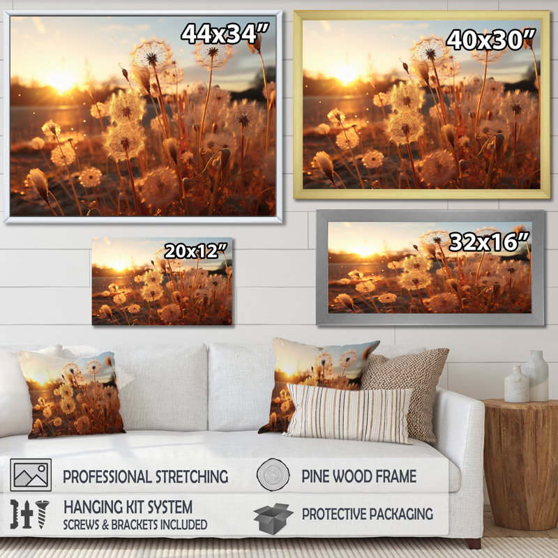 " Sunset Dandelion Field II ", 12" H x 20" W x 1" D, White Picture Framed