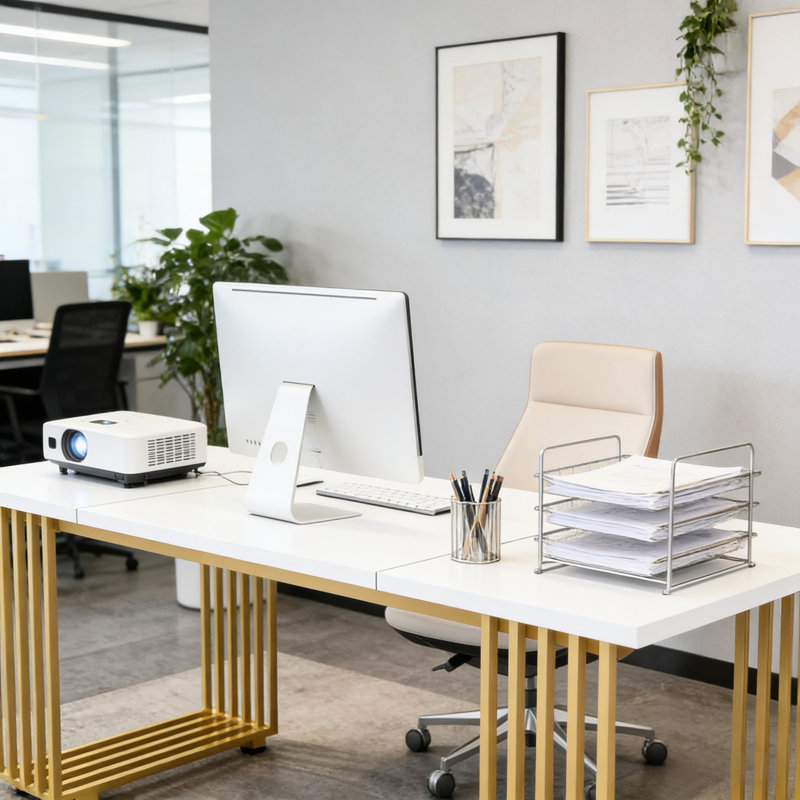 Bureau avec couleur blanche et dorée, largeur de 70 pouces, amplement d'espace pour le travail, pieds en métal dorés modernes, largeur de 70,86 po, essentiels de bureau spacieux, stable