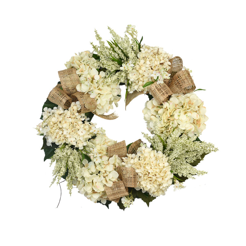 Hydrangea and Heather Wreath with Burlap Bows