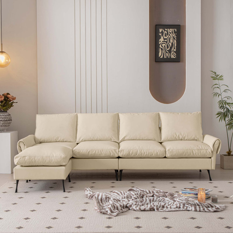 Aerolynn 104.5" Modern Technical Leather Sectional Sofa With Convertible And Ottoman, Beige Chenille