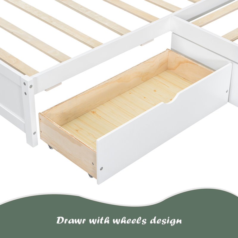 Lit plateforme simple en bois en L avec lit gigogne et tiroir, Blanc