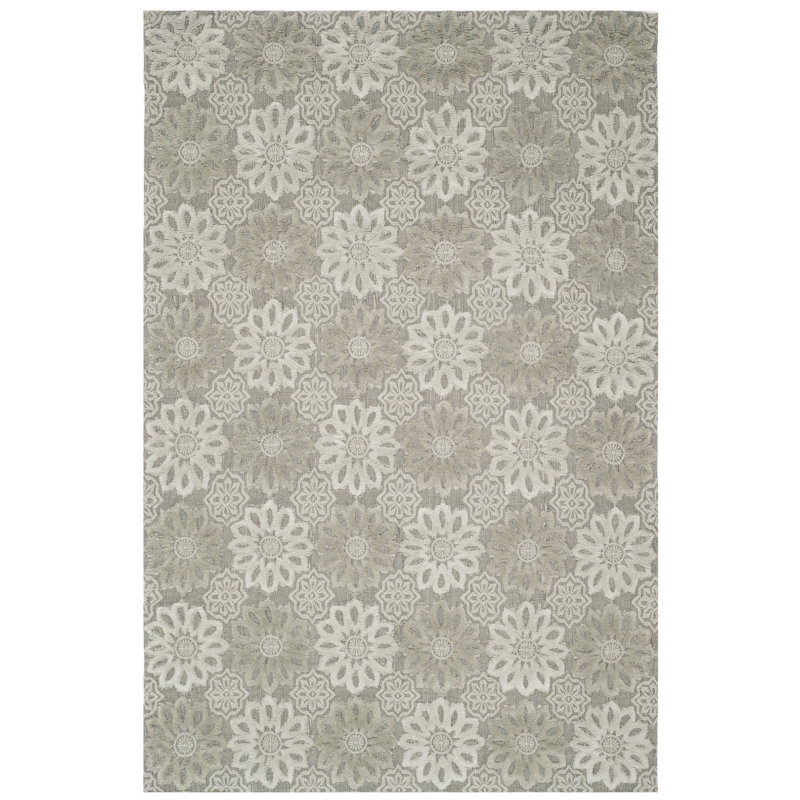 Gray and Ivory Hand-Knotted Wool Floral 4' x 6' Rug
