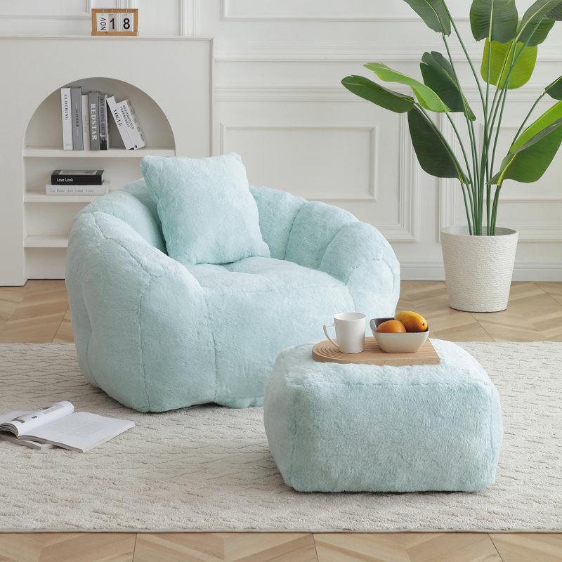 Giant Bean Bag Chair with Footstool, Blue Faux Fur