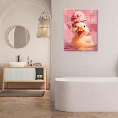 Cute Duck Pink Bathroom Wall Art Print Stylish Bathing Duck Pictures Artwork Pink Aesthetic Wall Decor For Bathroom Washroom 8X10 Canvas Framed