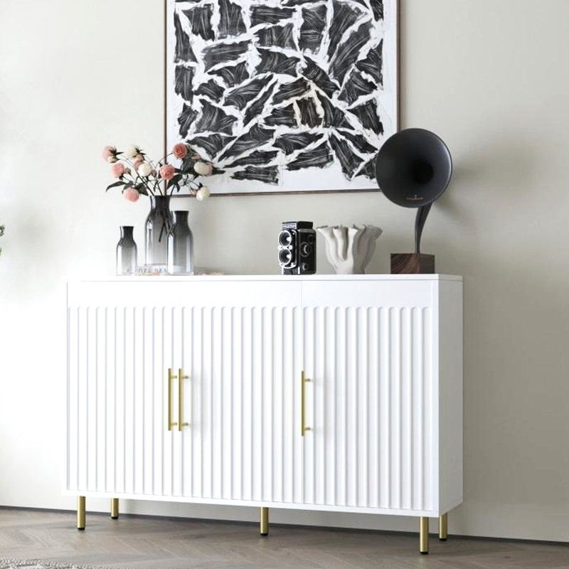 3-Door Large Sideboard Cabinet In White. Gold Handles, Fluted Doors. For Home Storage Suits Kitchen, Dining Room, Living Room. Handles And Doors