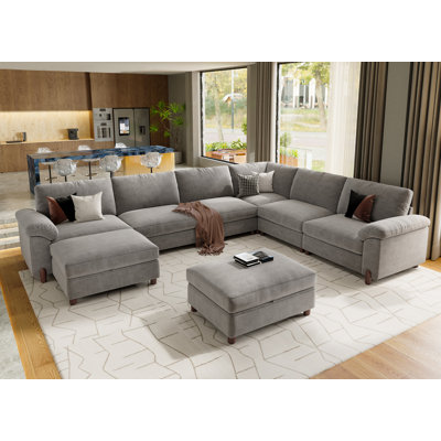 V-Shaped 8 Seat Sectional Sofa For Living Room, Oversized Modular Couch With Washable Movable Covers, Chenille In Light Gray