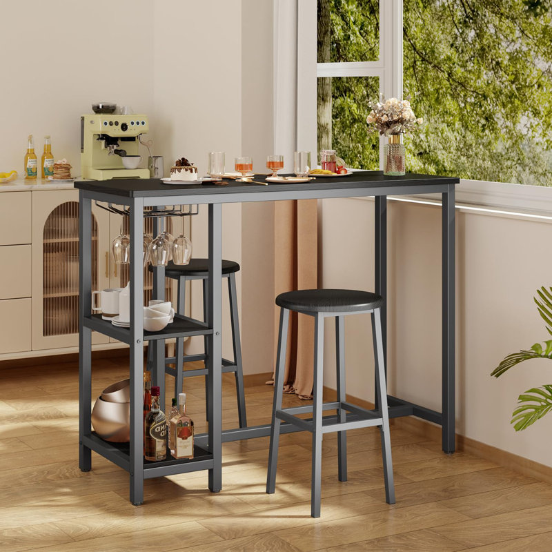 3-Piece Bar Height Dining Set with Shelves and Stools, Black, Black