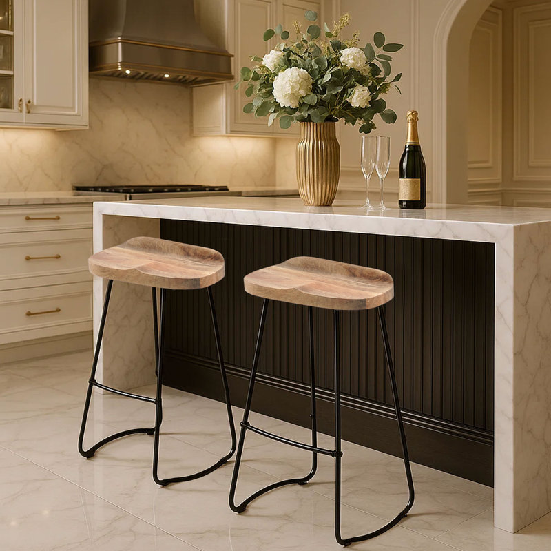 Tiva Handcrafted Backless Barstool, Mango Wood Saddle Seat, Bar Stool (30” Seat Height), Brown