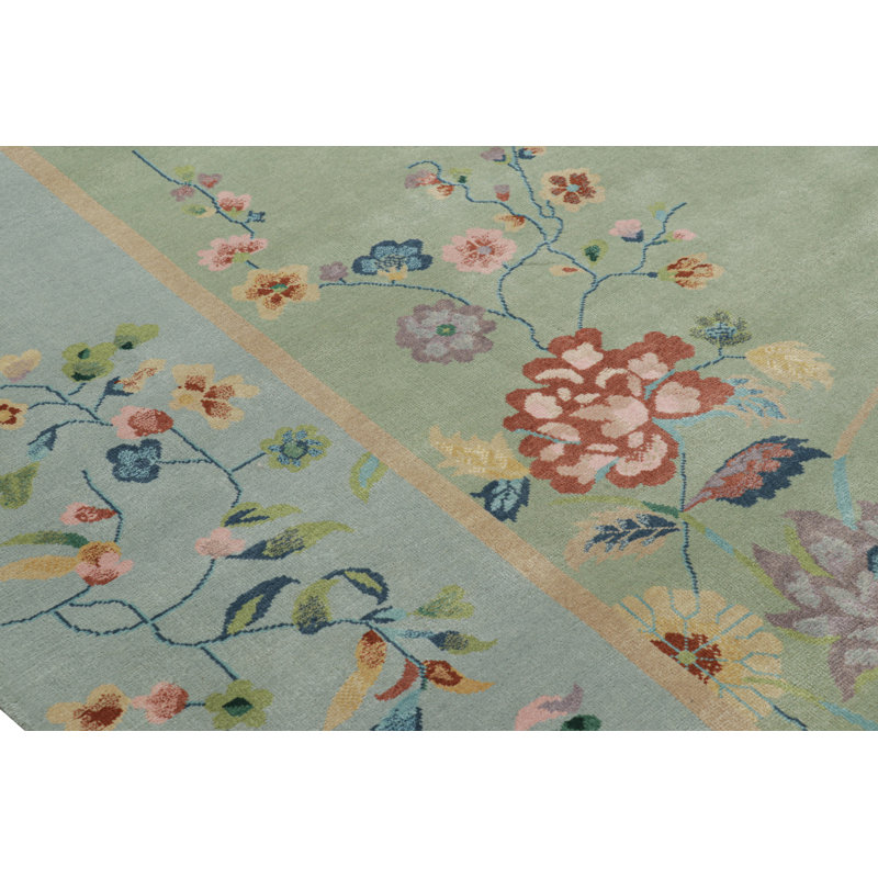 Rug & Kilim’S Oversized Chinese Art Deco Style Floral Square Rug In Green & Blue