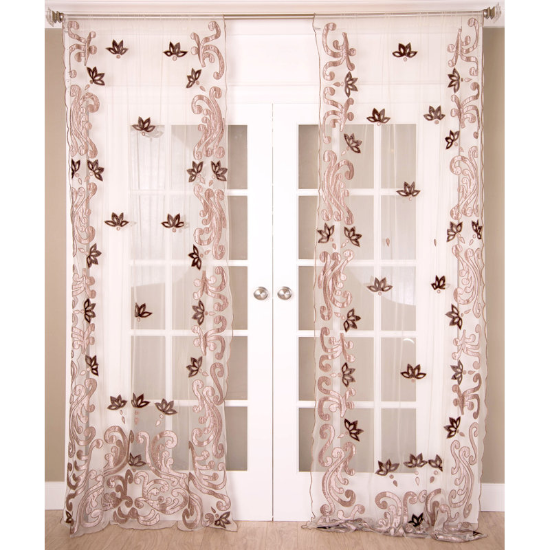 Applique Embroidery Sheer Curtain with Rod Pocket Window Panel for Living Room, 52" W x 96" L, White