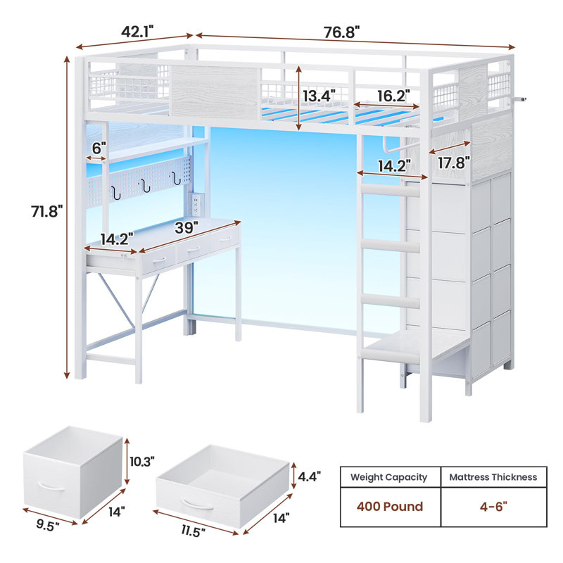 Loft Bed Twin Size With Desk And 11 Storage Drawers, Metal Loft With Rgb Lights, Charging Station, White