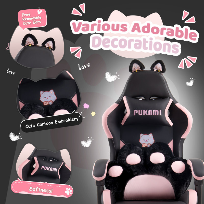 Ivy Bronx Gaming Chair With Cat Ears And Cat Paw Cushion Pillow,cute Computer Chair For Girl With Footrest, Black