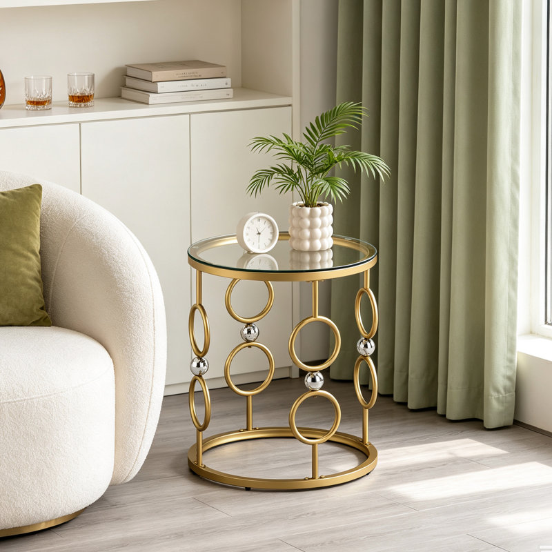 Glass End Table Set of 2, Round Side Table with Metal Frame for Living Room, Balcony, Bedroom