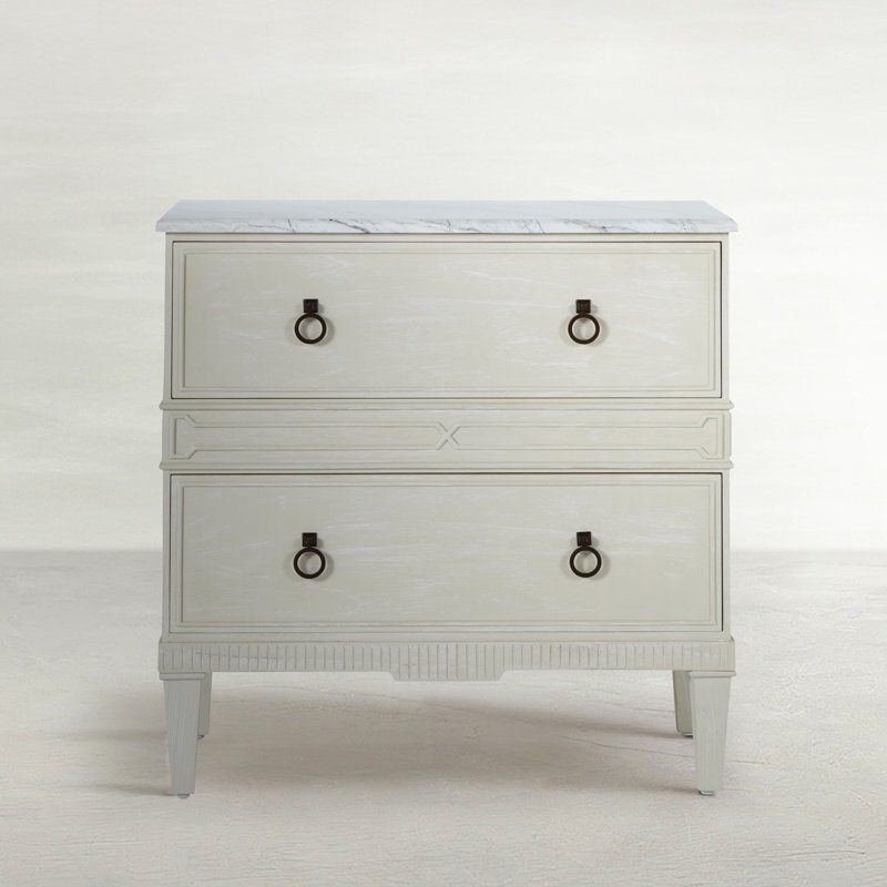 Archie 2 - Drawer Solid Wood Nightstand in Cerused White/Agros White Stone/Antique Bronze