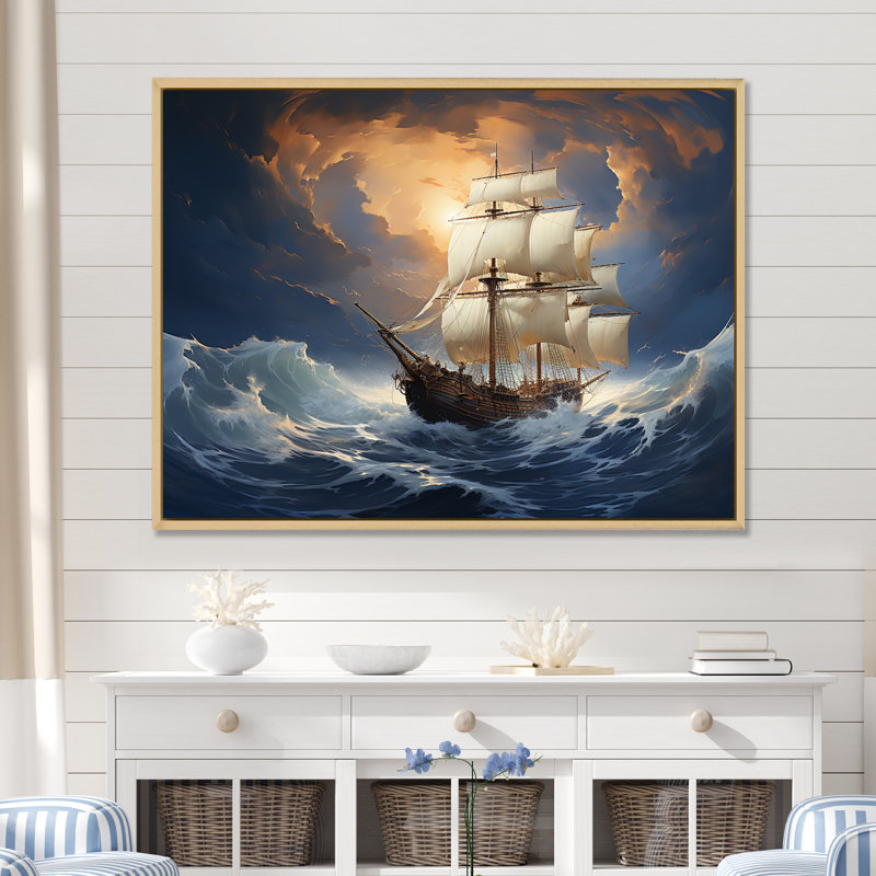Bateau pirate Carabian Legacy II - art mural pirate, Cadre flottant brun, H 30 po x l 40 po x P 1,5 po