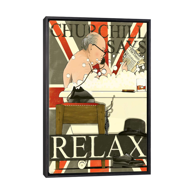 Churchill in the Bath - impression d'art graphique, Toile avec cadre noir patiné, H 48 po x l 32 po x P 1,5 po, Aucun mat