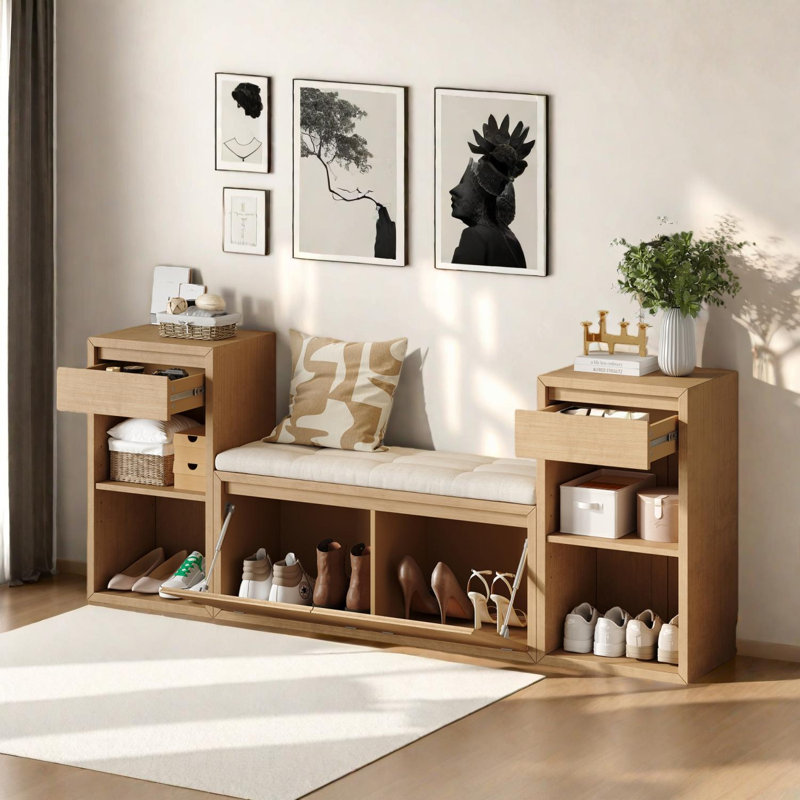 Banc de rangement pour hall d'entrée avec coussin, tiroirs, tablettes et rangement pour chaussures rabattable, Bois brun