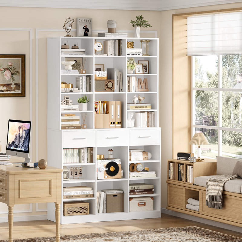 Bibliothèque de rangement en bois 75 "avec tablettes réglables, Blanc / argenté