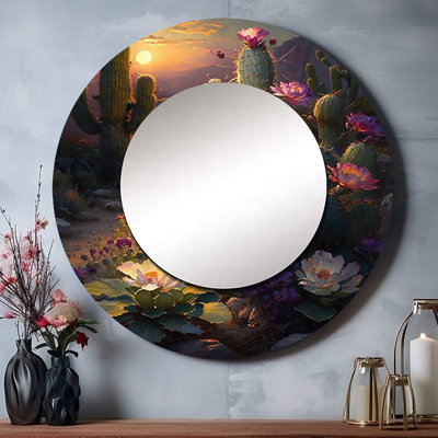 Qwentin Cactus In Desert I - miroir mural montagnes, miroir décoratif rond traditionnel, impression d'art en métal