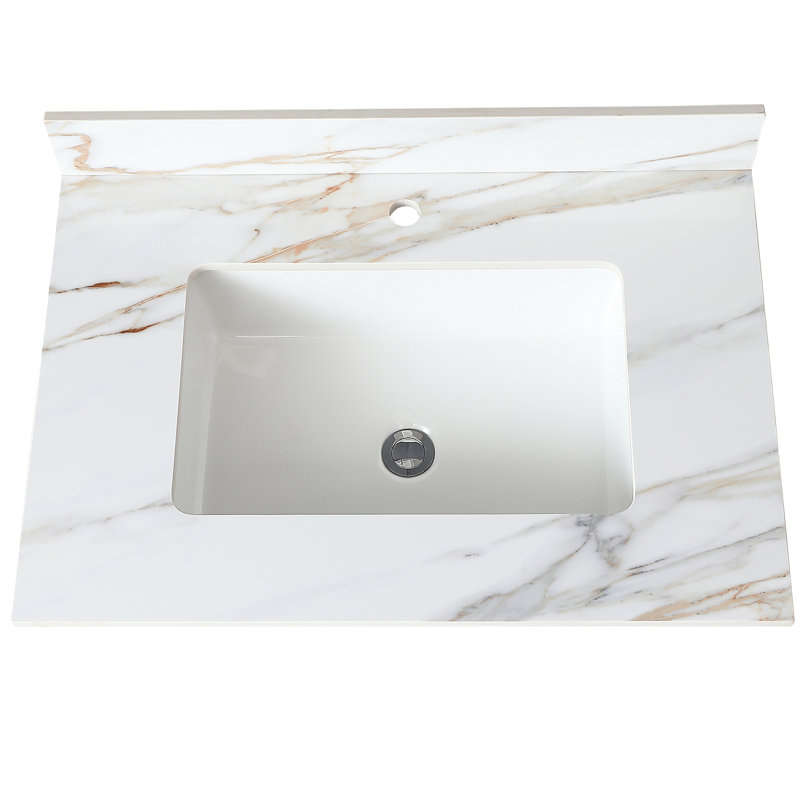 Dessus de meuble-lavabo de salle de bain en marbre blanc de 31 pouces - dosseret de 4 po et teinture, construction, conception traditionnelle à absorption d'eau